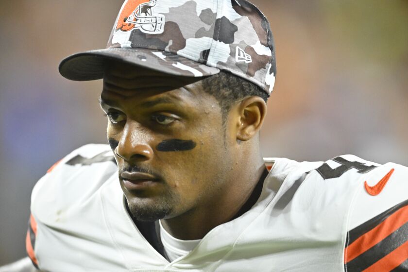 FILE - Cleveland Browns quarterback Deshaun Watson leaves the field at the end of the first half against the Chicago Bears in an NFL preseason football game, Aug. 27, 2022, in Cleveland. An attorney for the women who settled their lawsuits against Deshaun Watson says most of his clients have no interest in his return to Houston on Sunday. But Tony Buzbee, their attorney, says about 10 of the women who accused Watson of sexual harassment and assault during massages planned to attend Sunday’s game at Houston’s NRG Stadium when the Browns take on the Texans and watch him play in his return from an 11-game suspension. (AP Photo/David Richard, File)