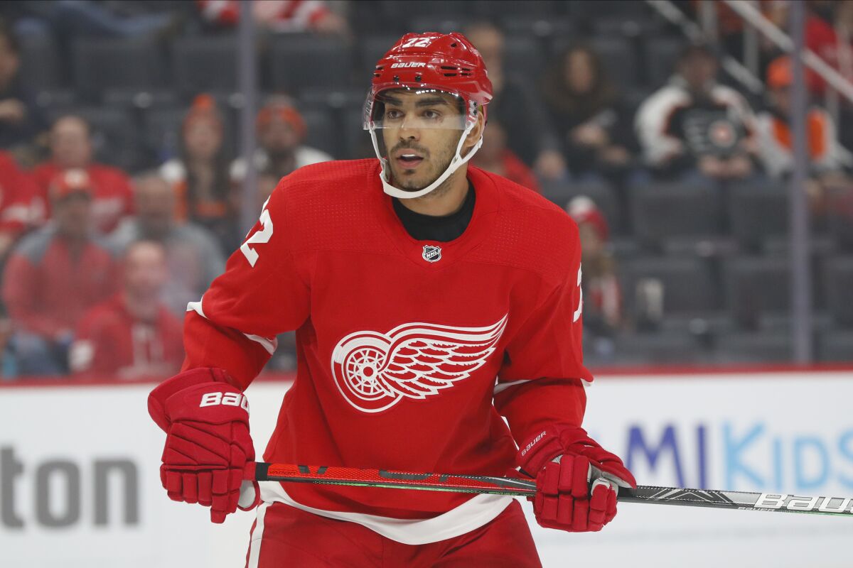 Detroit Red Wings forward Andreas Athanasiou looks on during a game.