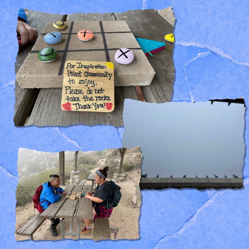 A photo collage includes a concrete game board with colorful rocks on a picnic table.