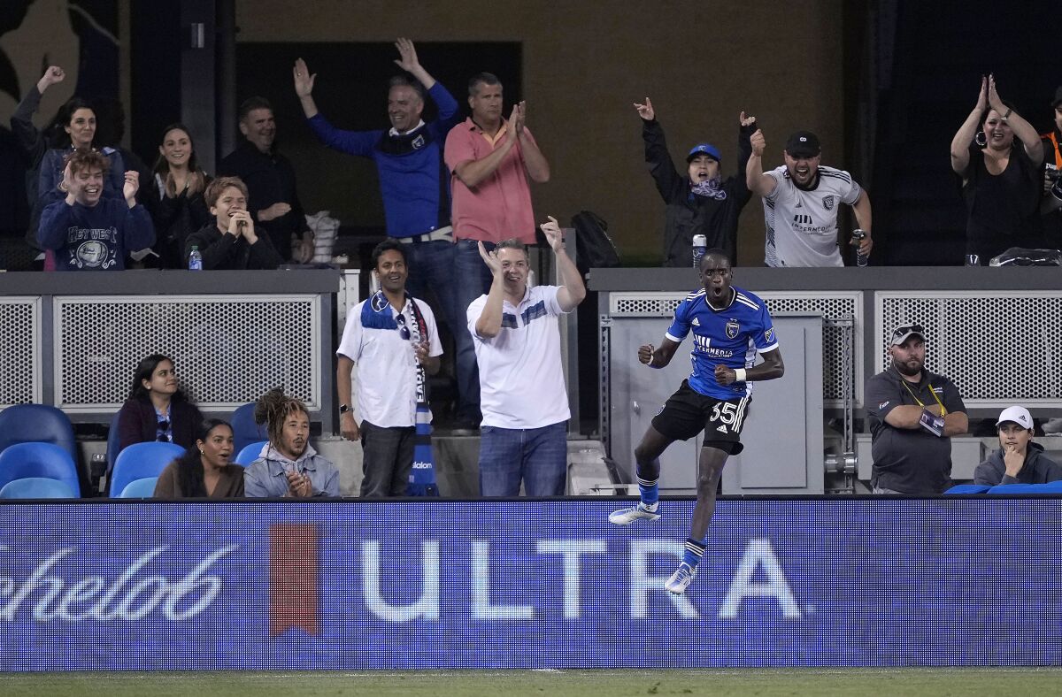 San Jose Earthquakes midfielder Jamiro Monteiro (35) celebrates after scoring against the Portland Timbers during the second half of an MLS soccer match in San Jose, Calif., Wednesday, May 18, 2022. (AP Photo/Tony Avelar)