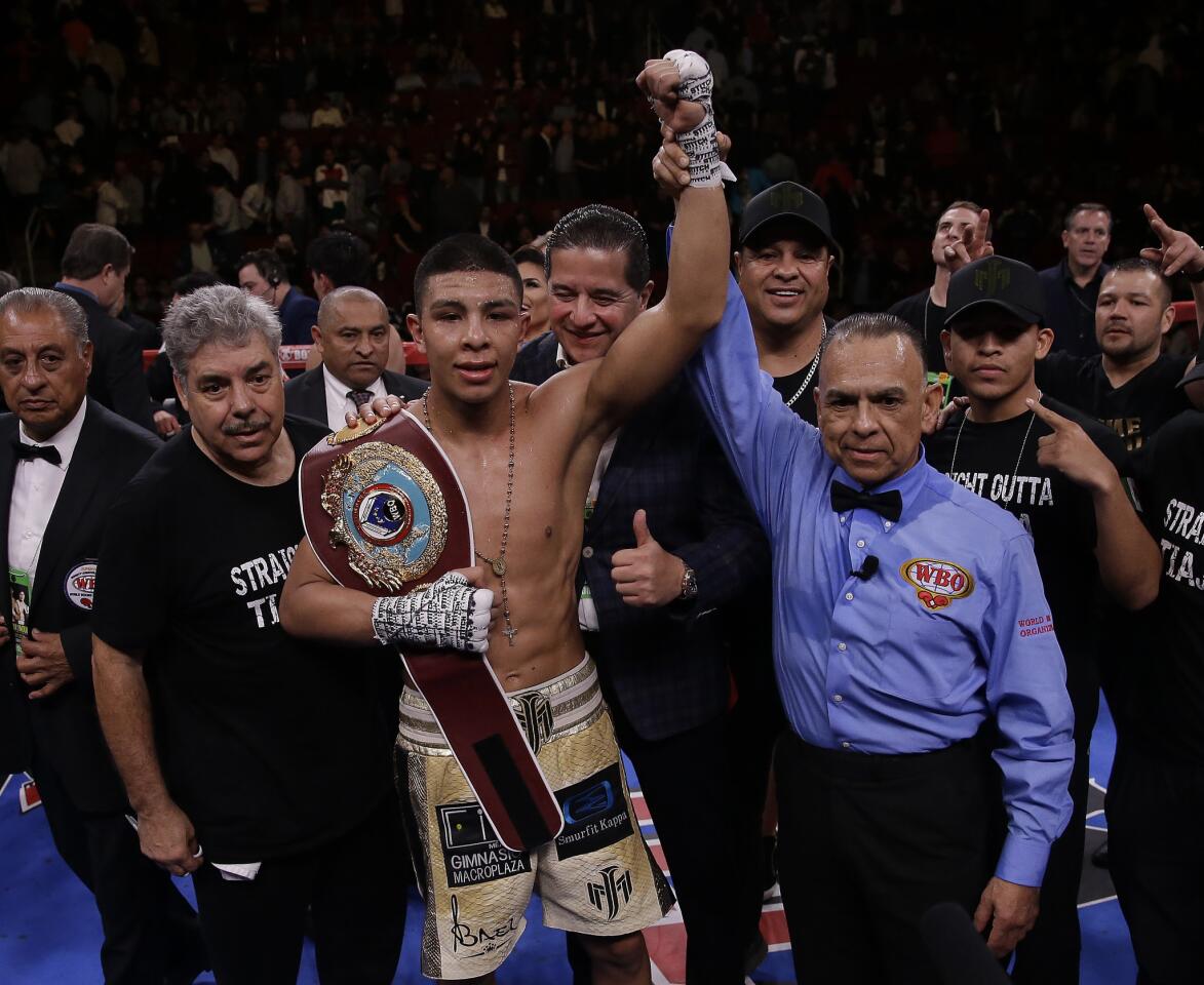HOUSTON, TEXAS - JANUARY 26: Jaime Munguia celebrates his victory over Takeshi Inoue for the WBO Junior Middleweight championship at Toyota Center on January 26, 2019 in Houston, Texas. (Photo by Bob Levey/Getty Images) ** OUTS - ELSENT, FPG, CM - OUTS * NM, PH, VA if sourced by CT, LA or MoD **