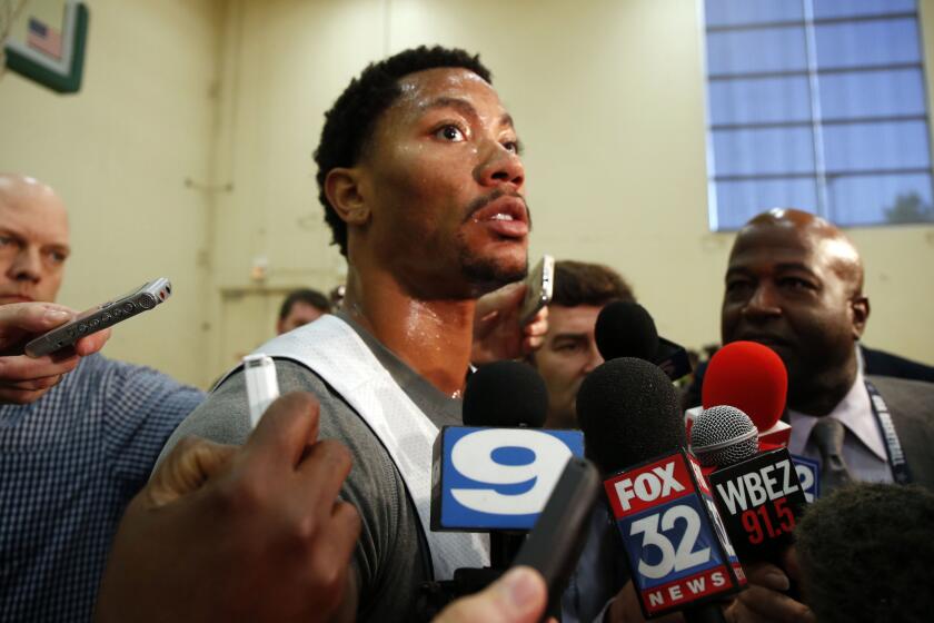 Derrick Rose speaks after working out with the U.S. Men's Basketball team at Quest Multi-Sport Complex.