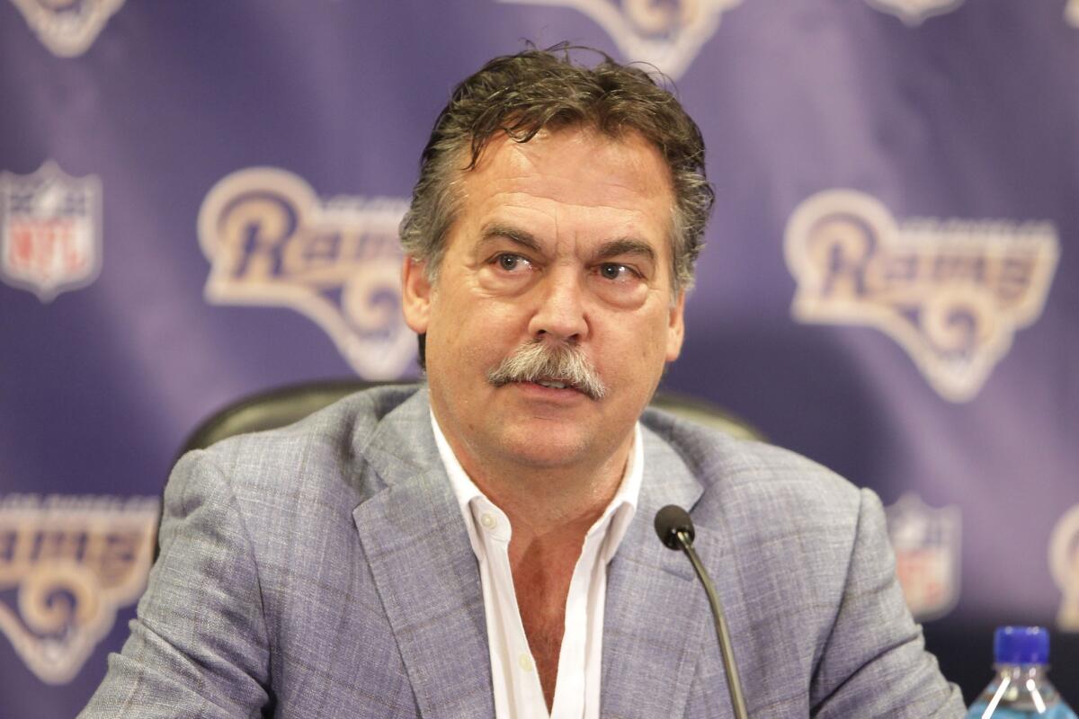Rams Coach Jeff Fisher talks to reporters in Manhattan Beach on March 4.