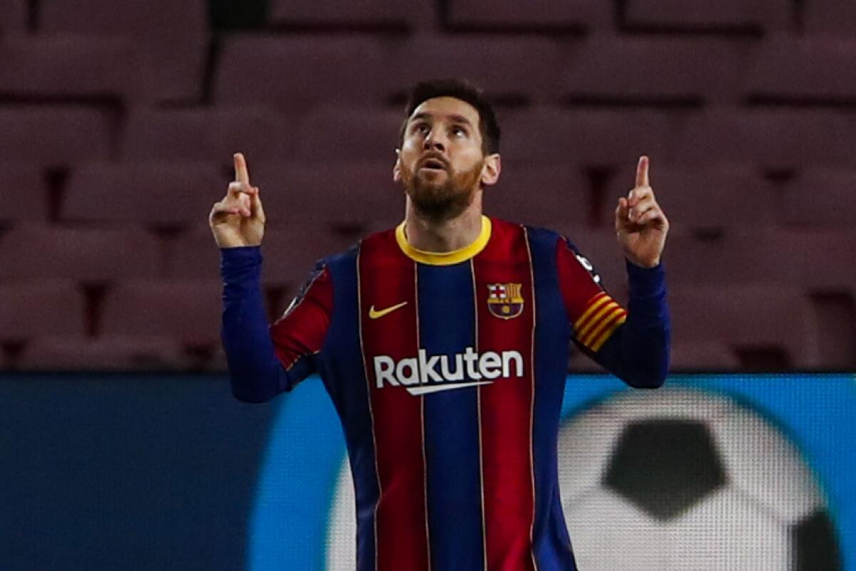 Barcelona's Lionel Messi celebrates after scoring against Elche on Feb. 24.