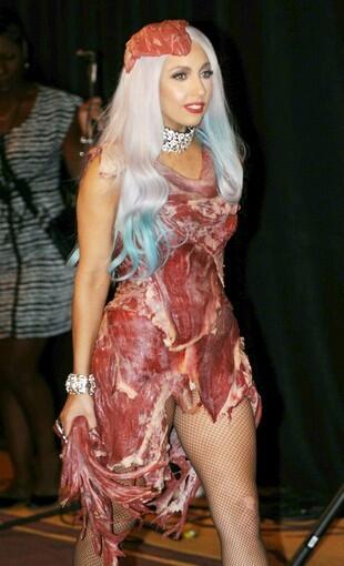 Lady Gaga's dress of meat at the Video Music Awards? Well, she looked good enough to eat. Well done, Lady Gaga! That's actually just us requesting how we like our steaks. You think the meat gags are going to end there? Please. The dress was a very rare one indeed; designer Franc Fernandez put it together with "real meat from my family butcher." Hot dog!