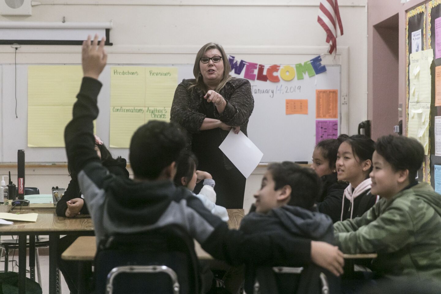Dr. Frances Gibson, Chief Academic Officer at the L.A. Unified School District, serves as a substitute teacher leading a language arts class at El Sereno Middle School.