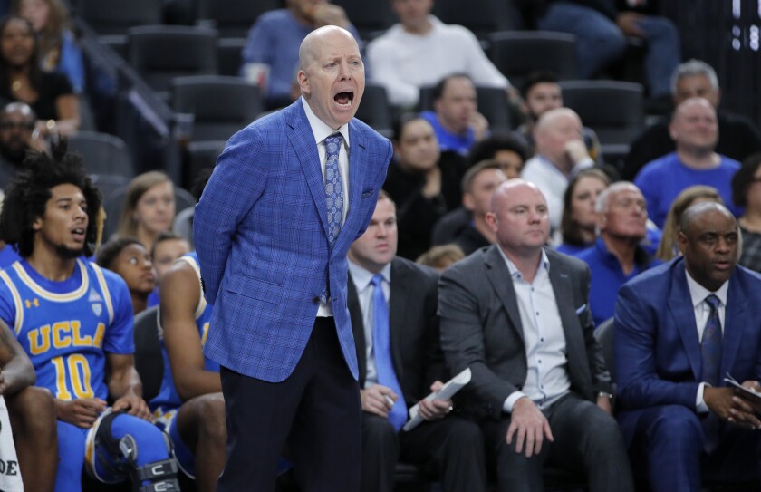 UCLA coach Mick Cronin instructs his players during a game against North Carolina in December 2019.