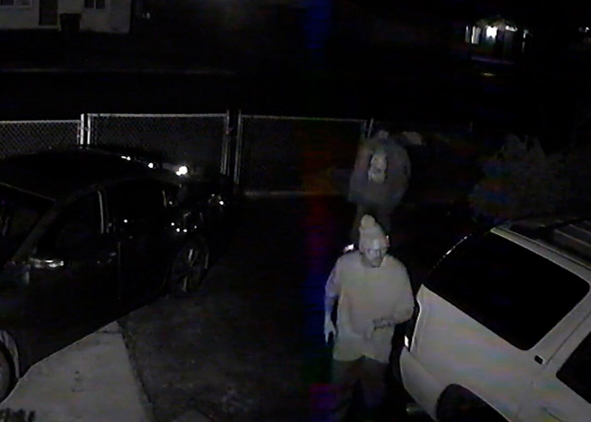 Two men in a driveway are seen in an image from surveillance footage.