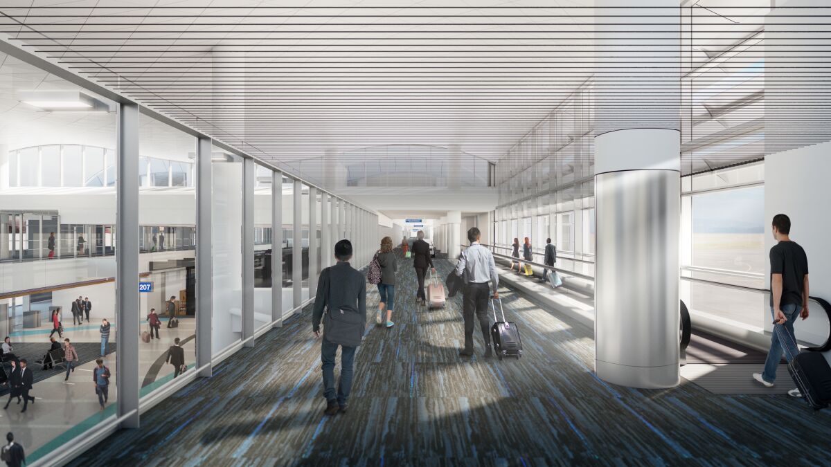A tunnel connects the Tom Bradley International Terminal with the new Midfield Satellite Concourse, in a rendering.