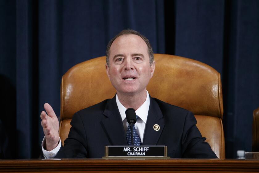 WASHINGTON, DC - NOVEMBER 19: House Intelligence Committee Chairman Adam Schiff (R-CA) delivers his closing remarks during the end of the hearing with Jennifer Williams, adviser to Vice President Mike Pence for European and Russian affairs, and Lt. Col. Alexander Vindman, National Security Council Director for European Affairs before the House Intelligence Committee in the Longworth House Office Building on Capitol Hill November 19, 2019 in Washington, DC. The committee heard testimony during the third day of open hearings in the impeachment inquiry against U.S. President Donald Trump, who House Democrats say withheld U.S. military aid for Ukraine in exchange for Ukrainian investigations of his political rivals. (Photo by Shawn Thew - Pool/Getty Images) ** OUTS - ELSENT, FPG, CM - OUTS * NM, PH, VA if sourced by CT, LA or MoD **