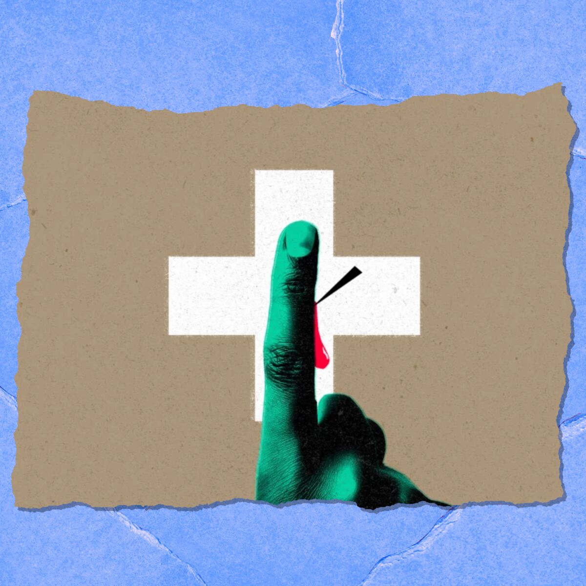 An illustration shows a person holding up a forefinger with a cactus poking out and a drop of blood falling.
