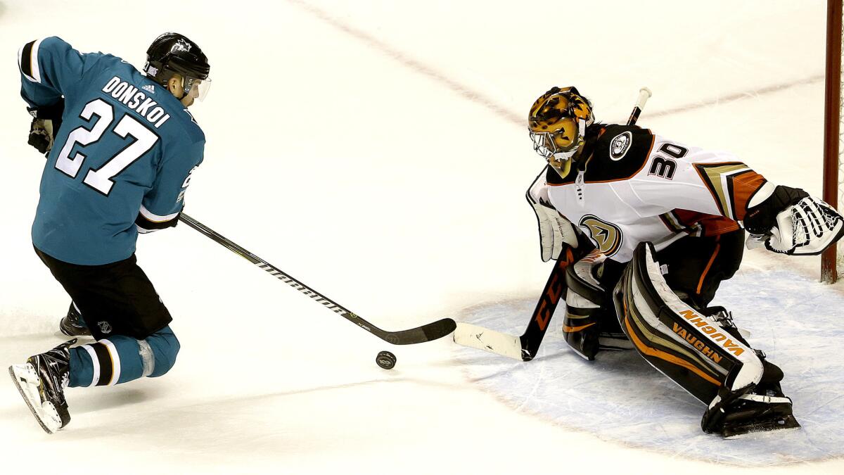 Sharks right wing Joonas Donskoi skates in before scoring against Ducks goalie Ryan Miller during the shootout Saturday.