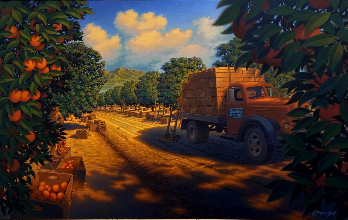 "California Gold" shows an iconic California agricultural scene in an orange orchard.