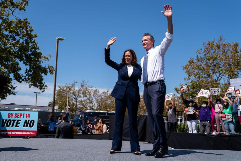 SAN LEANDRO, CA - SEPTEMBER 08: Vice President Kamala Harris joins California Governor Gavin Newsroom at a rally against the upcoming gubernatorial recall election at the IBEW-NECA Joint Apprenticeship Training Center on Wednesday, Sept. 8, 2021 in San Leandro, CA. The recall election, which will be held on September 14, 2021, asks voters to respond two questions: whether Newsom, a Democrat, should be recalled from the Office of Governor, and who would succeed Newsom should he be recalled. (Kent Nishimura / Los Angeles Times)