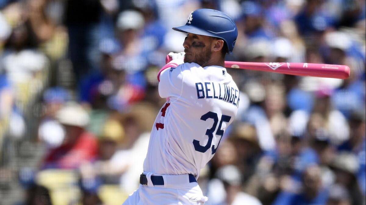 Dodgers right fielder Cody Bellinger hits a double against the Washington Nationals on May 12.