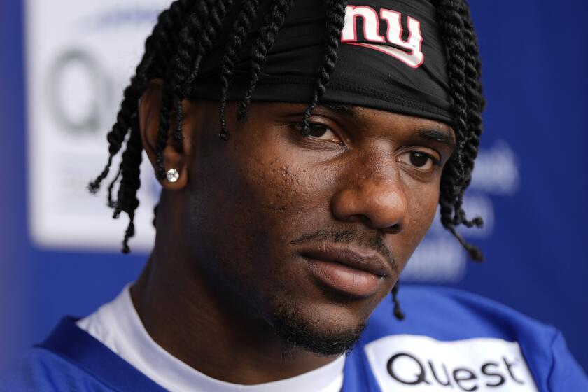 New York Giants wide receiver Malik Nabers speaks at a press conference following NFL football practice, Tuesday, June 11, 2024, in East Rutherford, N.J. (AP Photo/Julia Nikhinson)