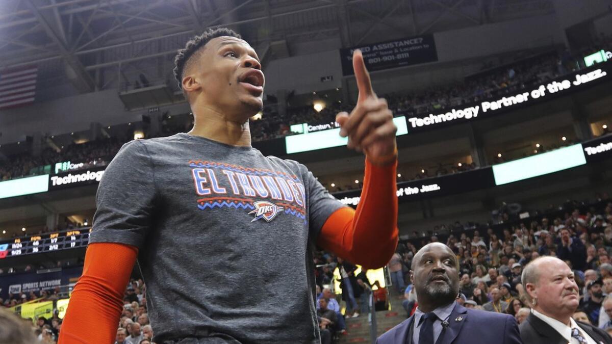 Oklahoma City's Russell Westbrook gets into a heated verbal altercation with fans in Utah on March 11.