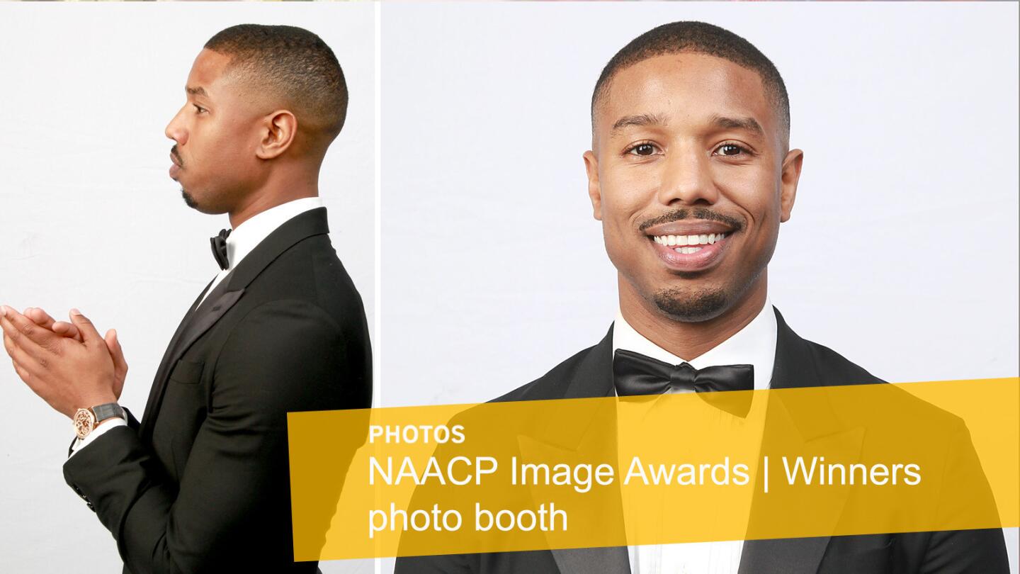 Michael B. Jordan stopped by the Los Angeles Times photo booth at the 47th NAACP Image Awards at the Pasadena Civic Auditorium.