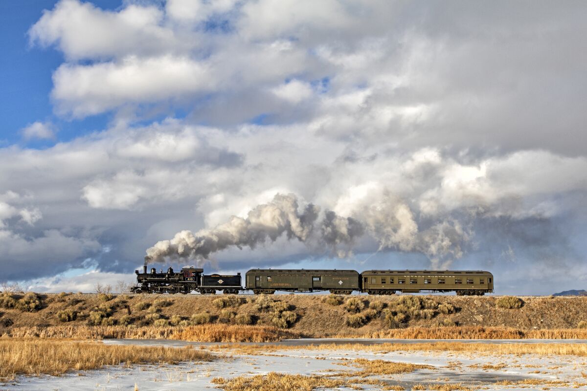 Nevada Northern Railway's steam locomotive No. 40 pulls another railroad car.