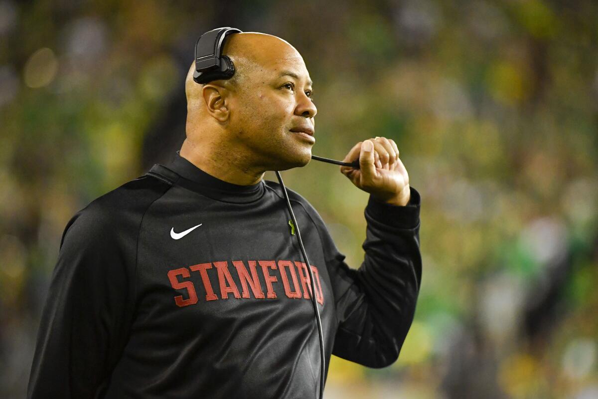 Stanford coach David Shaw looks up at the scoreboard during a game against Oregon in October 2022.