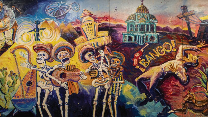 The Museum of Latin American Art in Long Beach has its first ever exhibition devoted entirely to the work of Chicano artists. Seen here: a detail of Frank Romero's majestic "¡Méjico, Mexico!," a wall-sized canvas painted in 1984.