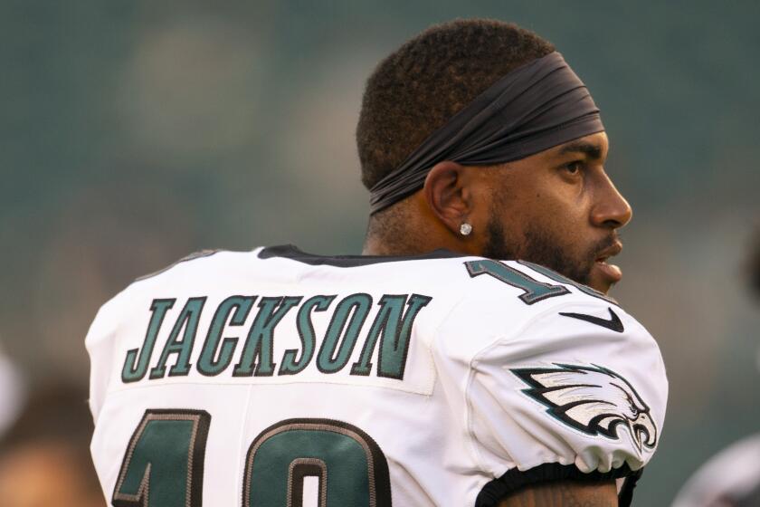 PHILADELPHIA, PA - AUGUST 22: DeSean Jackson #10 of the Philadelphia Eagles looks on prior to the preseason game against the Baltimore Ravens at Lincoln Financial Field on August 22, 2019 in Philadelphia, Pennsylvania. (Photo by Mitchell Leff/Getty Images)