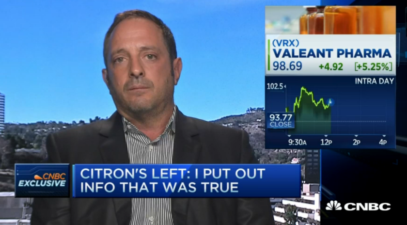 On CNBC, short-seller Andrew Left defends his negative call on Valeant