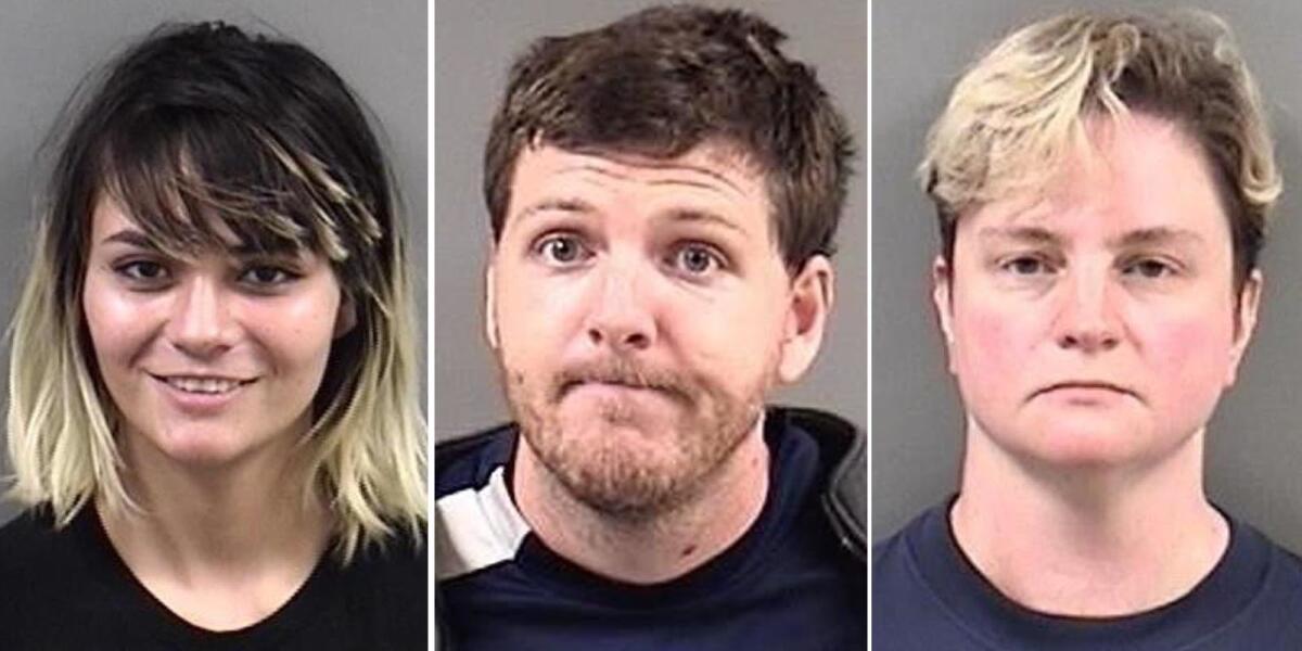 Among those arrested at the Berkeley demonstration were, from left, Hannah Benjamin, 20, of Fremont; Michael Paul Sullivan, 29, of Hayward; and Sarah Roark, 44, of San Francisco. (Berkeley Police)