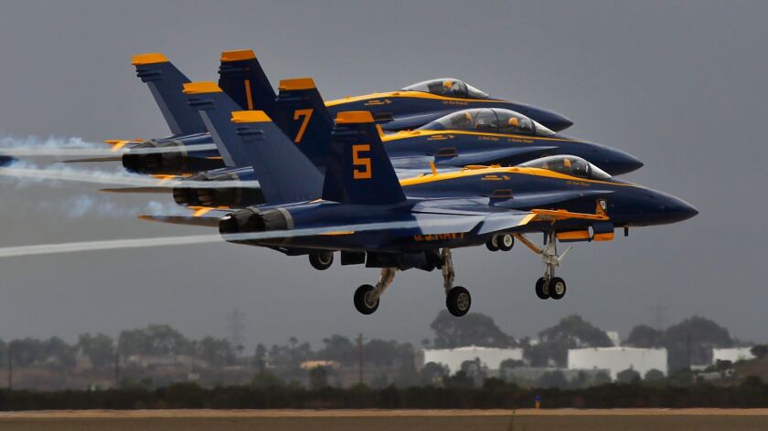 The U.S. Navy Blue Angels take off on a test flight on Sept. 21, 2017, for this weekend's Miramar Air Show. Cmdr. Frank Weisser is Blue Angels No. 5.