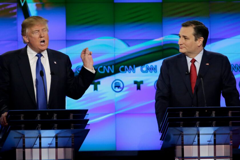 Joining together to foment a myth about the Internet: Donald Trump and his new endorser, Ted Cruz, seen here during a GOP campaign debate in February.