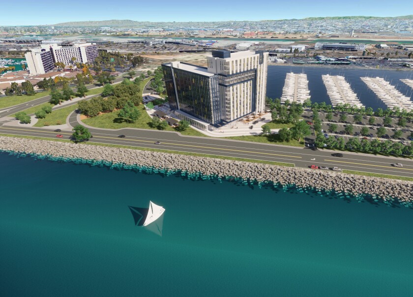 Rendering shows what Sunroad's proposed 450-room, dual-branded hotel would look like on Harbor Island.