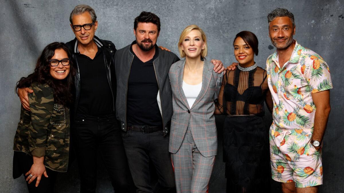 "Thor: Ragnarok's" Rachel House, left, Jeff Goldblum, Karl Urban, Cate Blanchett, Tessa Thompson and director Taika Waititi.