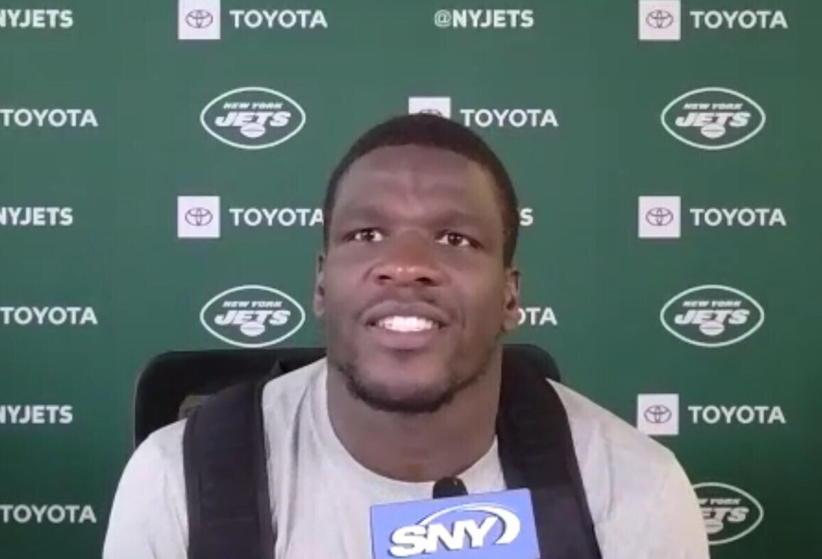 In this still photo from video, New York Jets running back Frank Gore speaks to reporters on a video conference call in Florham Park, N,J., Monday, Aug. 17, 2020. (Dennis Waszak Jr./Zoom via AP))