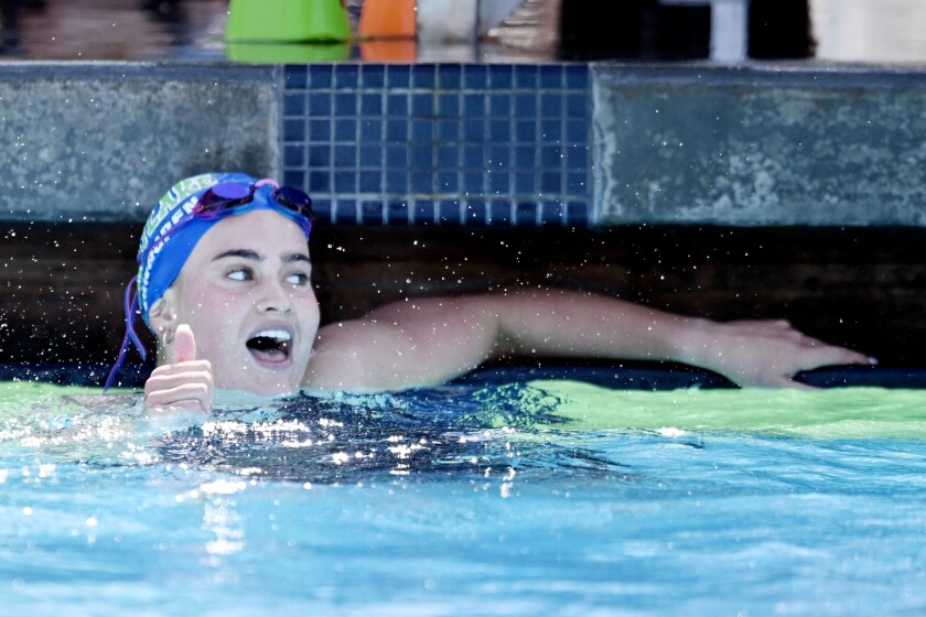 Emily Lundgren reacts after winning the 200 yard IM championship at the San Diego Section swimming championships May, 7, 2022 in at Granite Hills High School in El Cajon.