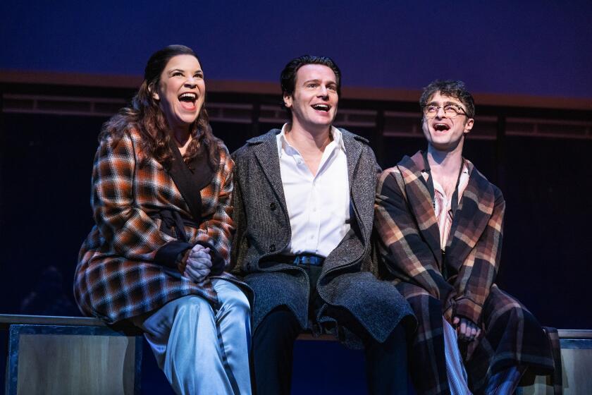 (L to R) Lindsay Mendez, Jonathan Groff and Daniel Radcliffe in the Broadway revival of 'Merrily We Roll Along.'