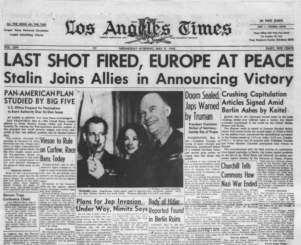 The front page of The Los Angeles Times on May 9, 1945.