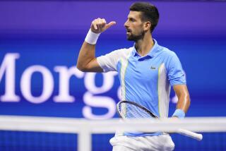 Serbia's Novak Djokovic mimics Ben Shelton's celebratory move after defeating the American in the U.S. Open semifinals.