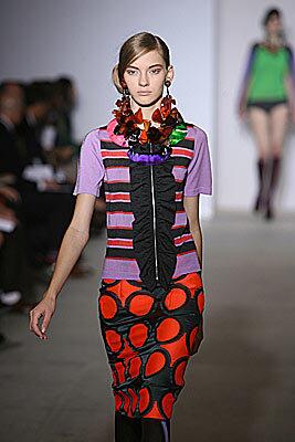 MARNI: A happy collection of knitwear in 1960s geometric patterns and bright, oversized jewelry.