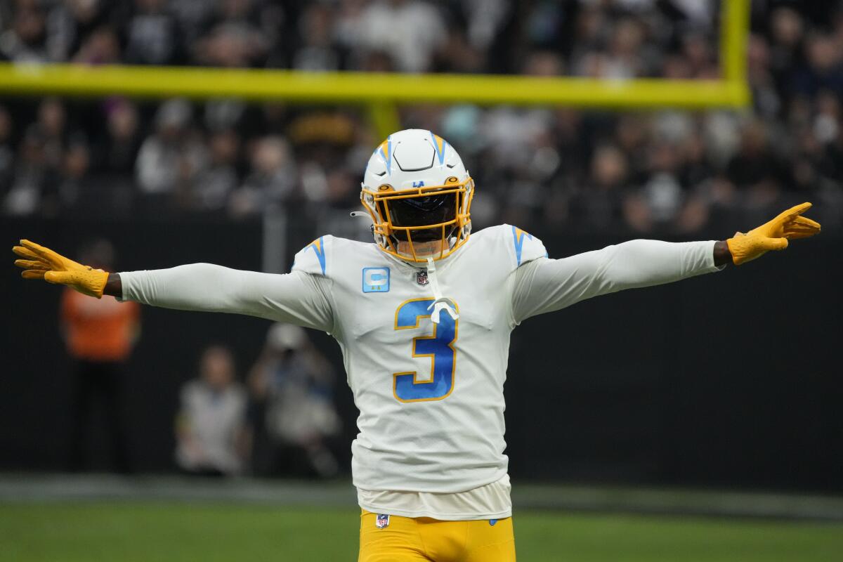 Chargers safety Derwin James Jr. gestures during a loss to the Las Vegas Raiders on Dec. 4.