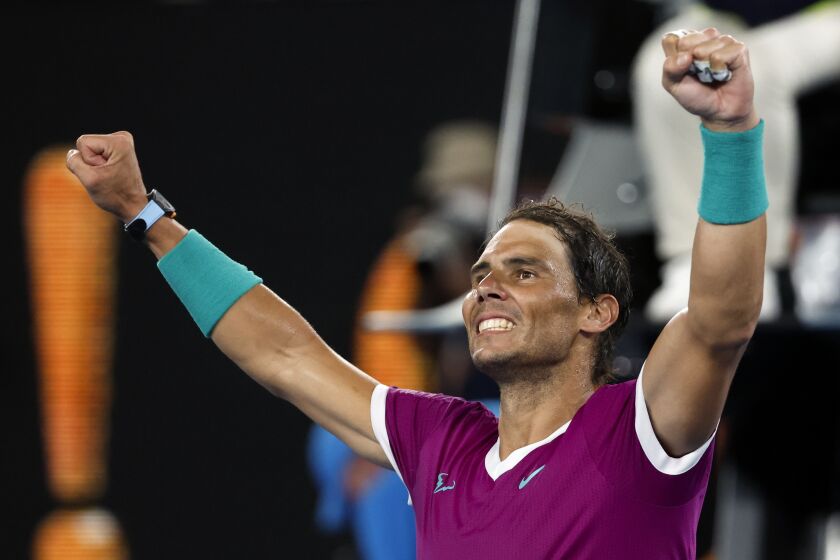 Rafael Nadal of Spain celebrates after defeating Matteo Berrettini of Italy in their semifinal match.