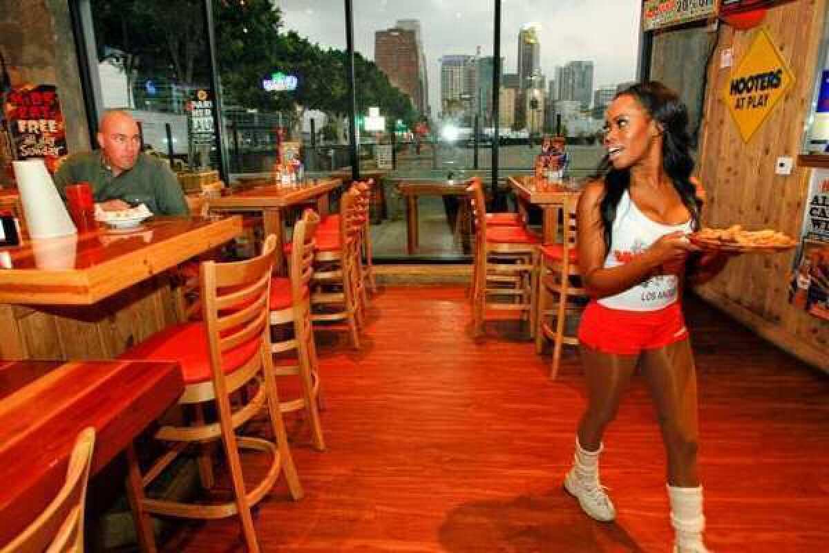 A Hooters restaurant in downtown Los Angeles. Mothers who decide to eat here get free wings on Mother's Day.