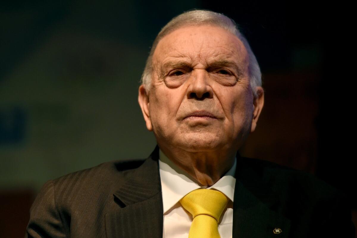 Jose Maria Marin, president of the Brazilian football confederation attends a press conference to announce the proposed host cities for football matches for the 2016 Rio Olympics on February 12, 2015 in Rio de Janeiro, Brazil. Marin is among seven soccer officials that were arrested and detained by Swiss police at the request of U.S. authorities after a raid at Baur au Lac Hotel in Zurich.