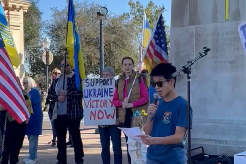Andy Jung speaking at the recent support rally in Balboa Park for Ukraine.