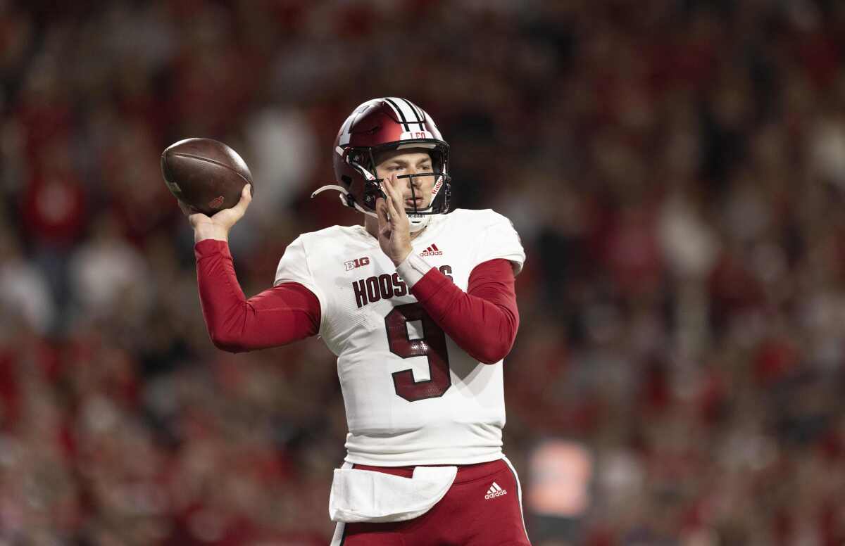 Indiana quarterback Connor Bazelak looks for a receiver during the second half of the team's NCAA college football game against Nebraska on Saturday, Oct. 1, 2022, in Lincoln, Neb. (AP Photo/Rebecca S. Gratz)