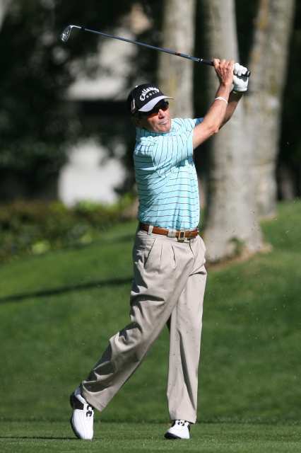 Champions Tour pro Mark McNulty tees off during the Toshiba Classic Pro-Am at Newport Beach Country Club on Wednesday.