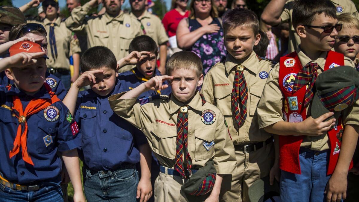 Boy Scouts and Cub Scouts salute during a Memorial Day ceremony in Linden, Mich.