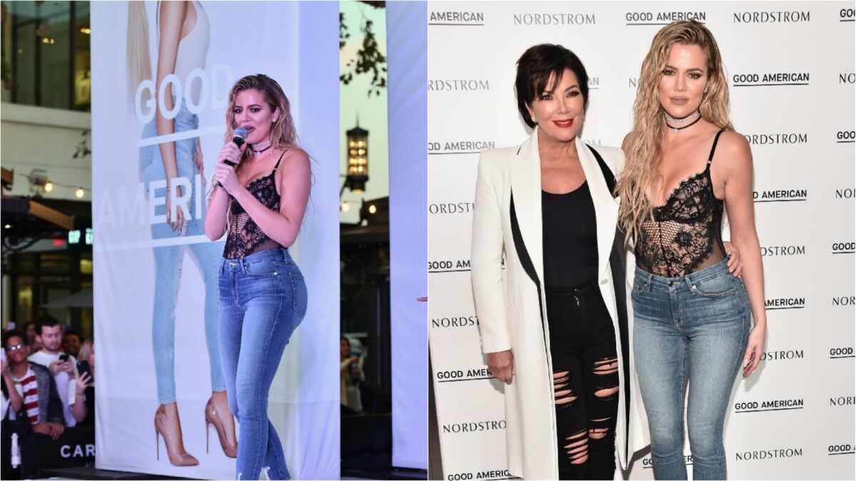 Khloe Kardashian speaks onstage at the Good American launch event at Nordstrom at the Grove on Oct. 18; Kris Jenner joins daughter Khloe, right, at the Good American event.