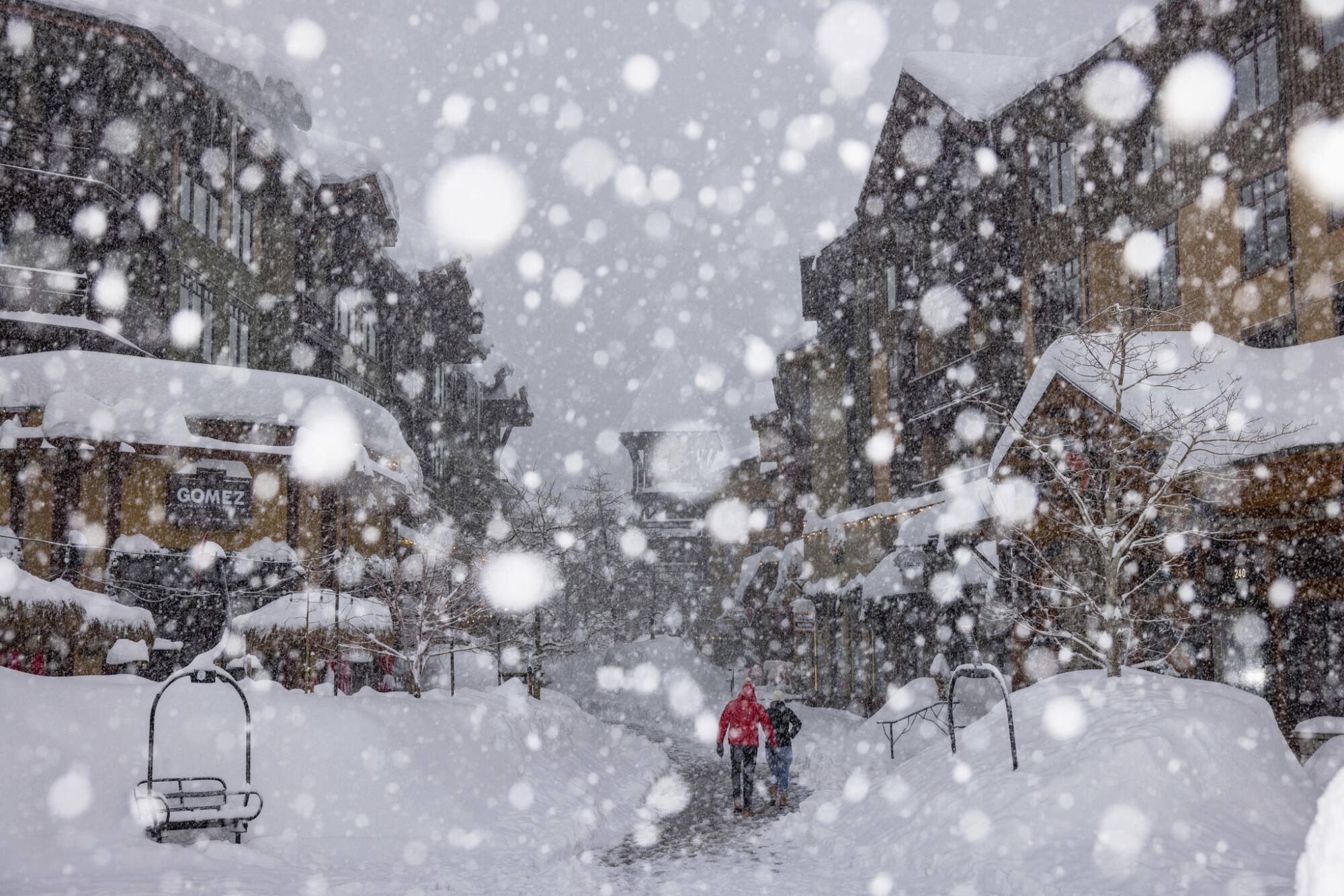 Snow falls in Mammoth Lakes, Calif. on Jan. 9, 2023.