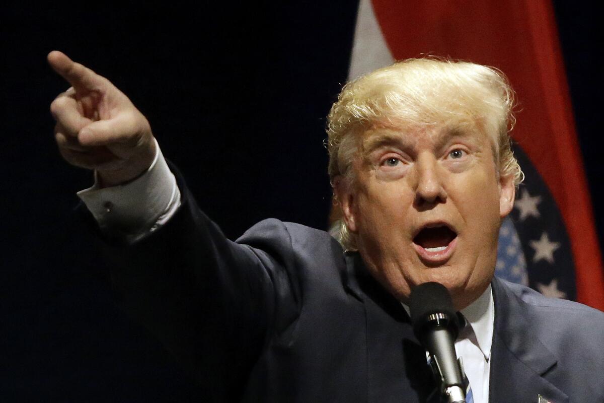 Republican presidential candidate Donald Trump speaks during a campaign rally on March 11 in St. Louis.