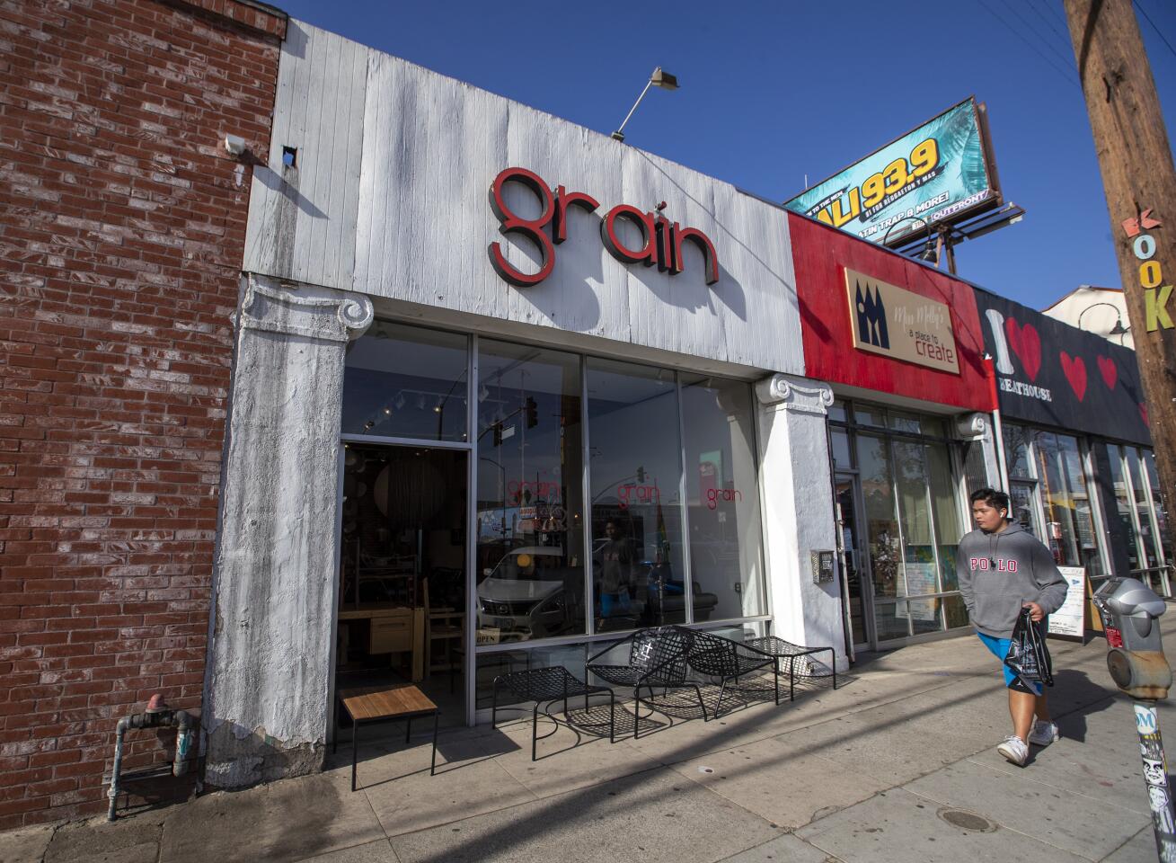 Vintage outdoor furnishings at Grain offer a welcome place to sit in Atwater Village.